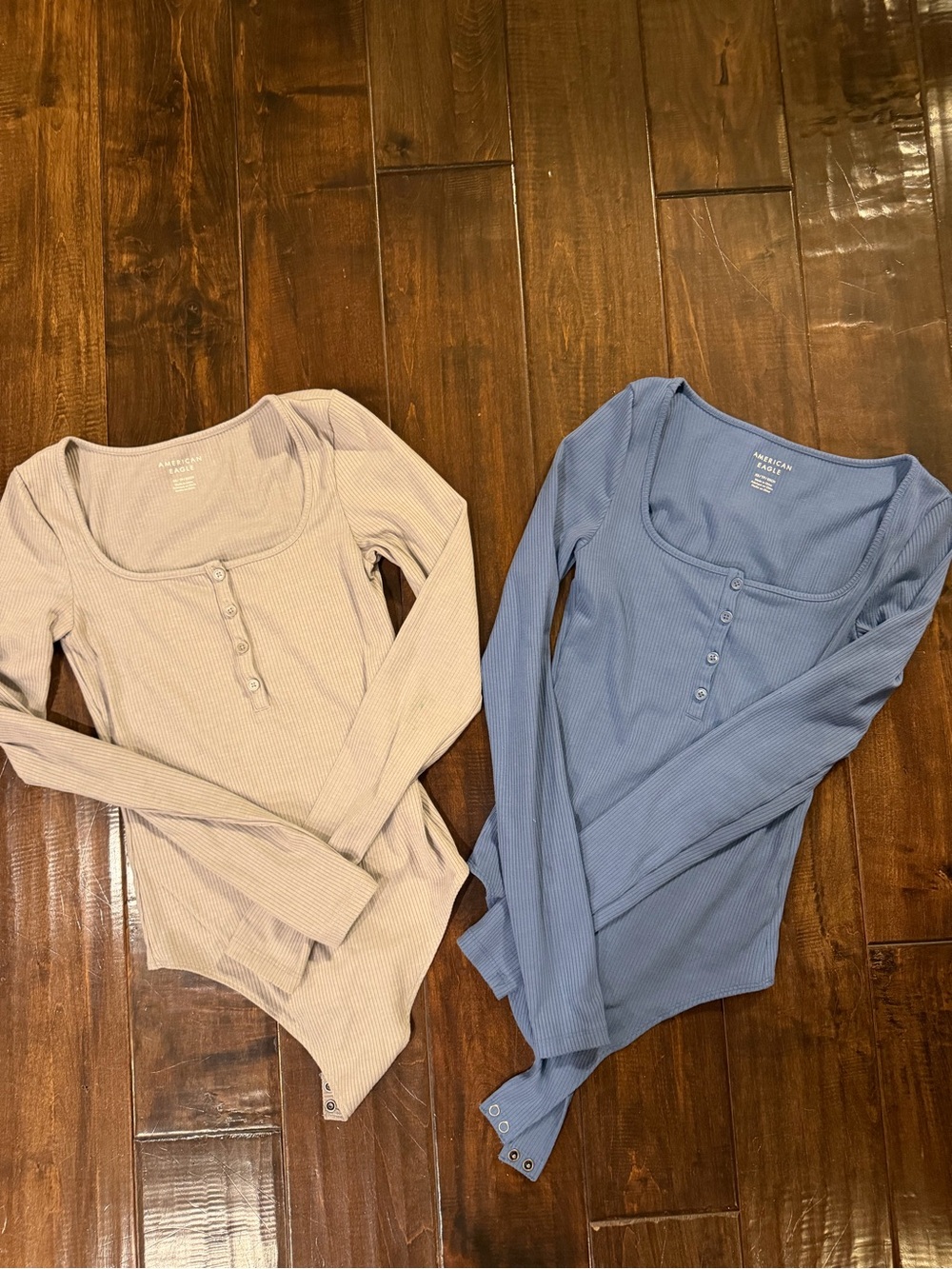 American Eagle Outfitters Ribbed Henley Bodysuit - Blue and Gray